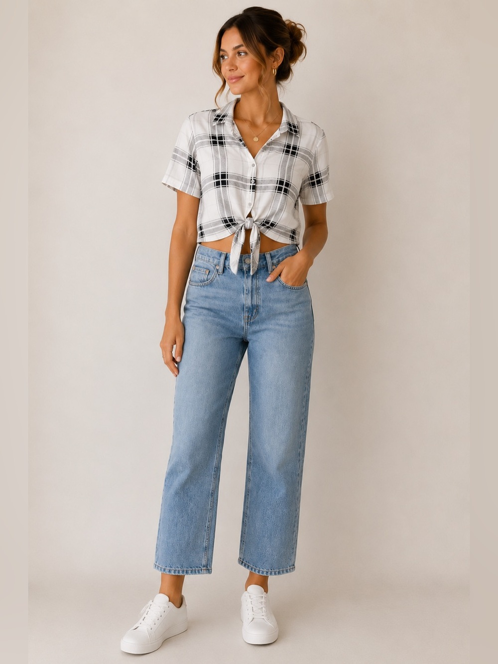 Michael Kors White and Black Plaid Tie-Front Crop Shirt